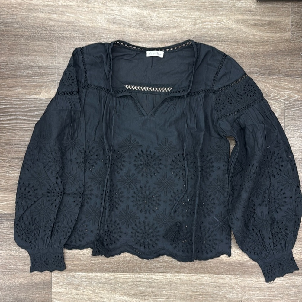 LoveShackFancy Black eyelet peasant top